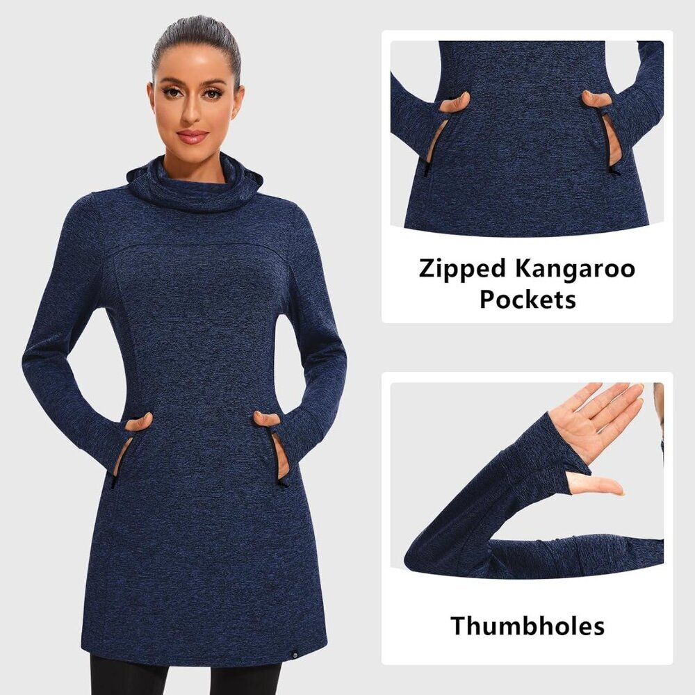 Women's Fleece Dress Running Sweatshirt Dress with Thumb Holes Pocket Zip-Blue - Picture 3 of 6